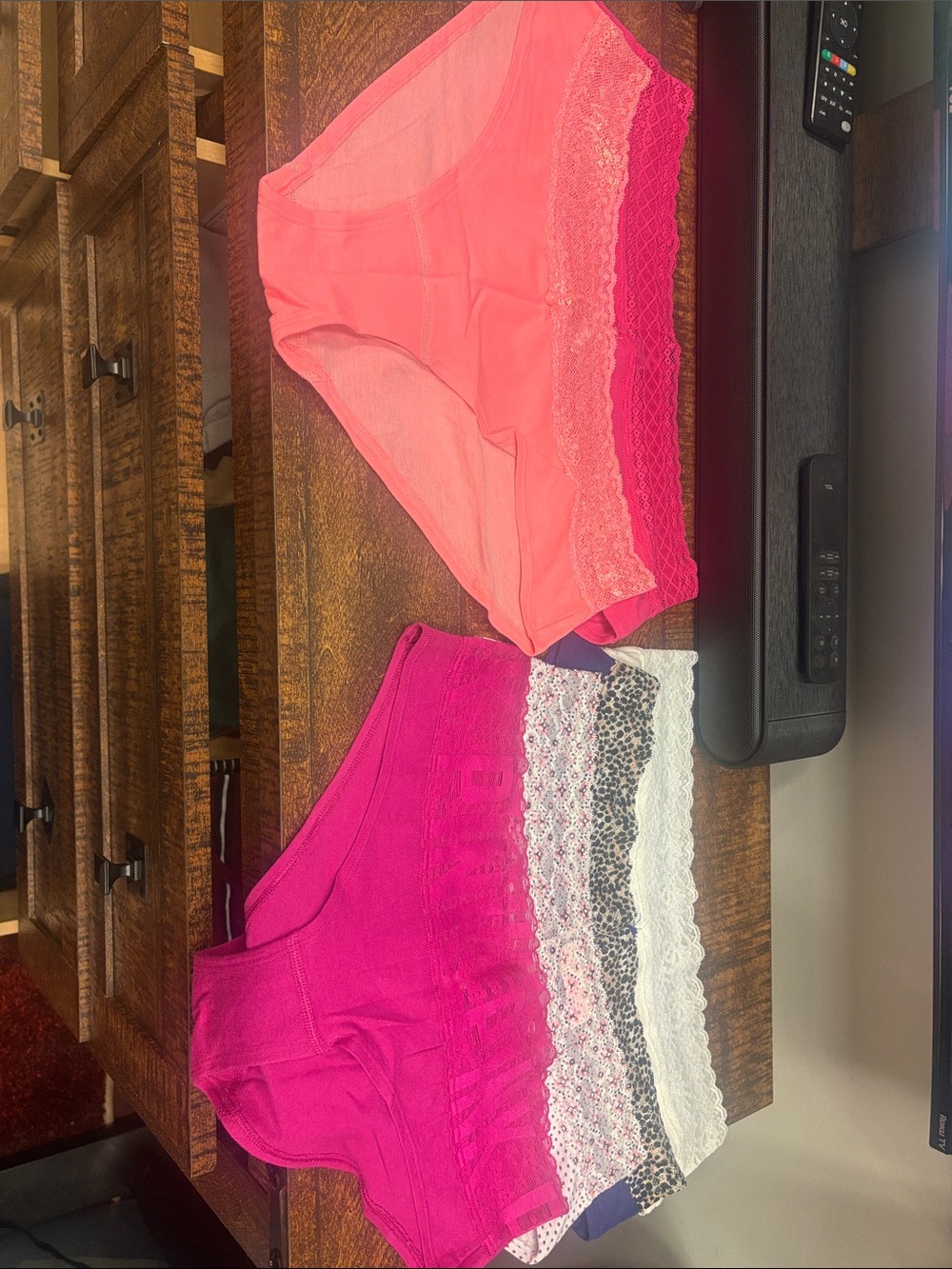 6 Lace Trim Hipster Underwear in various colors and sizes.